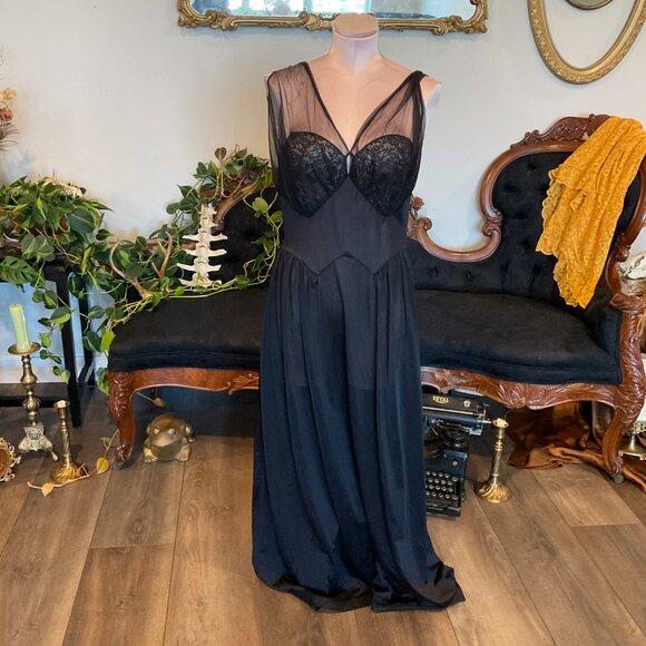 Vintage Vanity Fair Maxi Chemise Nightgown Slip Dress lingerie Size 38/L Black - Picture 2 of 5